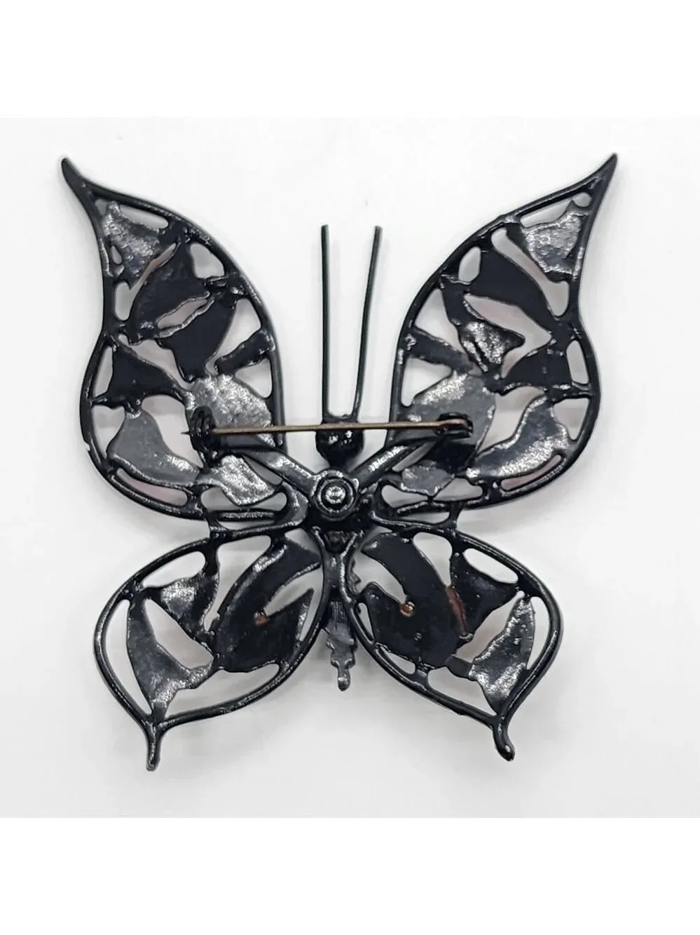 Vintage large black metal enamel Butterfly brooch pin unique